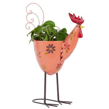 8" Wide Planter Outdoor Metal Rooster with Stand Pink - Olivia & May