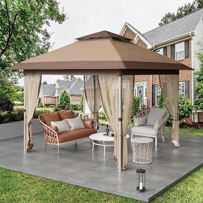 Gazebo Outdoor Pop Up Canopy Tent with Curtains 13'x13' with Mosquito Netting, 169 Square Shelter for Patio, Backyard, Party, 2-Tiered Vented Top