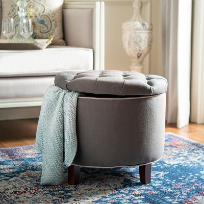 Amelia Gray Tufted Round Storage Ottoman with Oak Legs