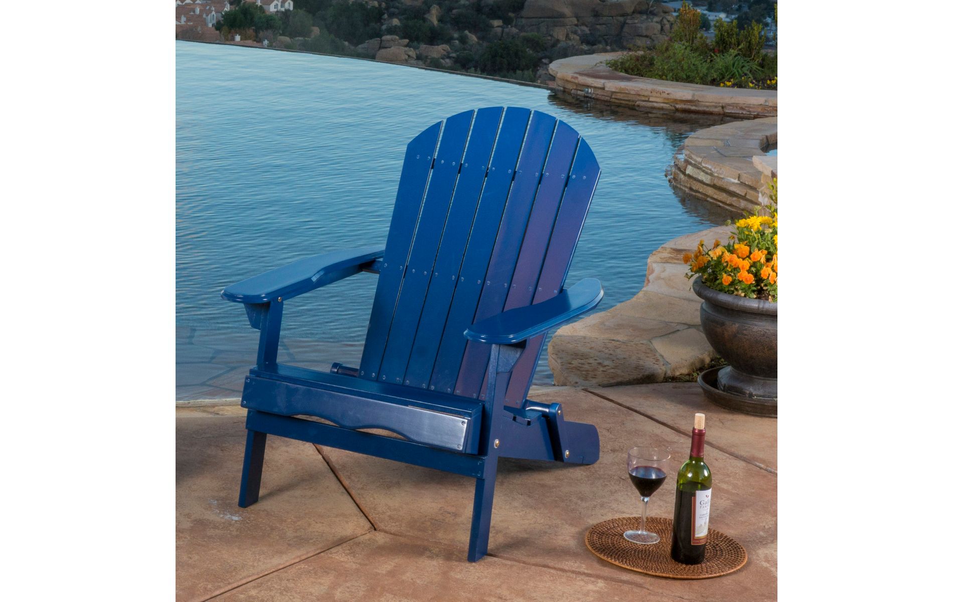 Acacia Wood Folding Adirondack Chair, Rustic Blue Outdoor Lounge with Slatted Seat, 30"W for Patio Garden-3irtyhousy