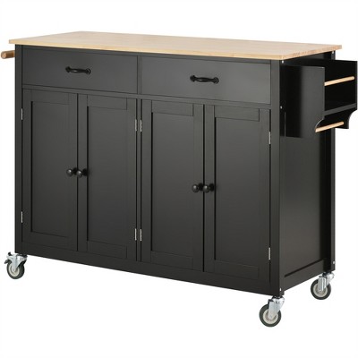 OUTSUPPLY Kitchen Island Cart with Locking Wheels, 4 Door Cabinet and Two Drawers, Spice Rack, Towel Rack