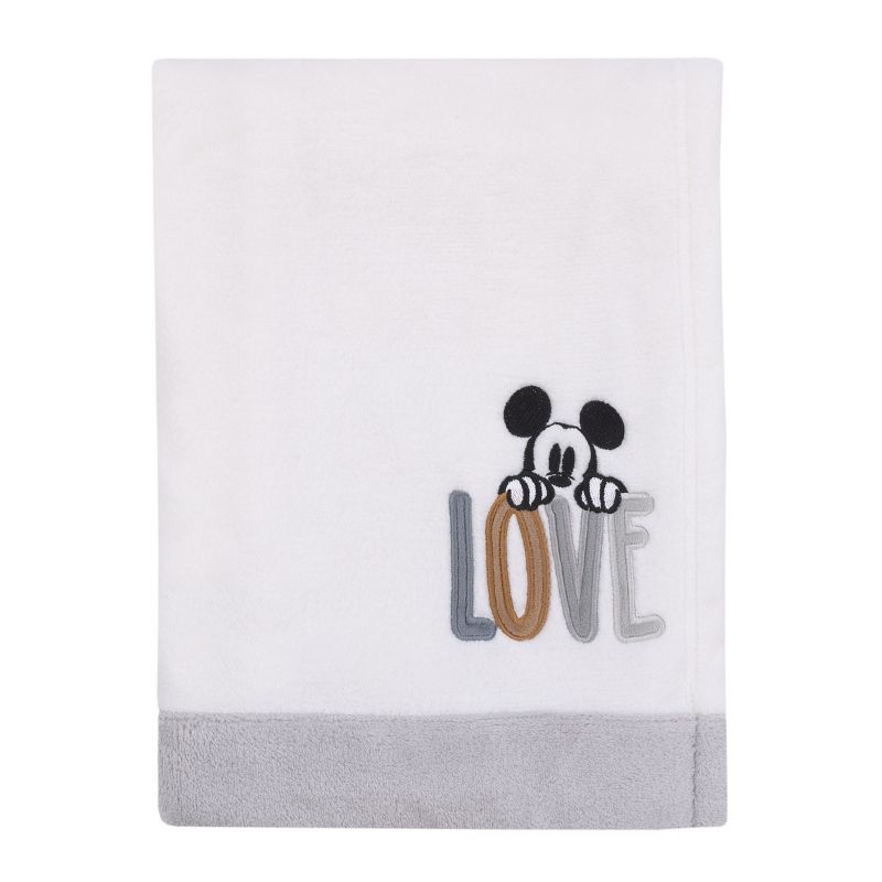 Disney Mickey Mouse Love Mickey White, Gray, and Tan Love Applique Super Soft Baby Blanket, 1 of 8