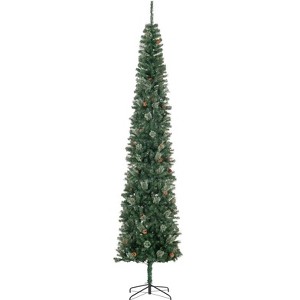 Racxily 9.5ft Slim Pencil Christmas Tree, Realistic Branches with Pine Cones & Metal Base - 1 of 4
