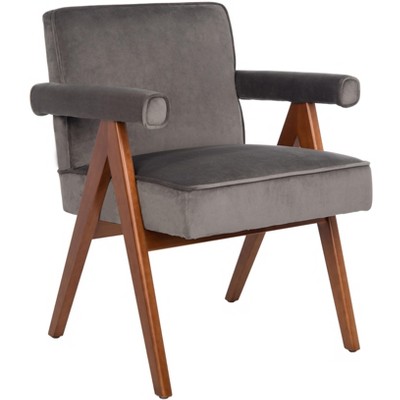 Dark Grey Velvet and Walnut Mid-Century Accent Chair