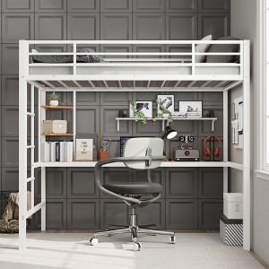 Twin Size Loft Bed with Large Desk and Storage Shelves, Metal Loft Bed with Safety Guardrail and Ladder for Kids and Adults, Space Saving - 1 of 4