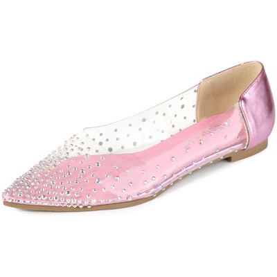 Allegra K Women's Pointed Toe Clear Rhinestone Ballet Flats