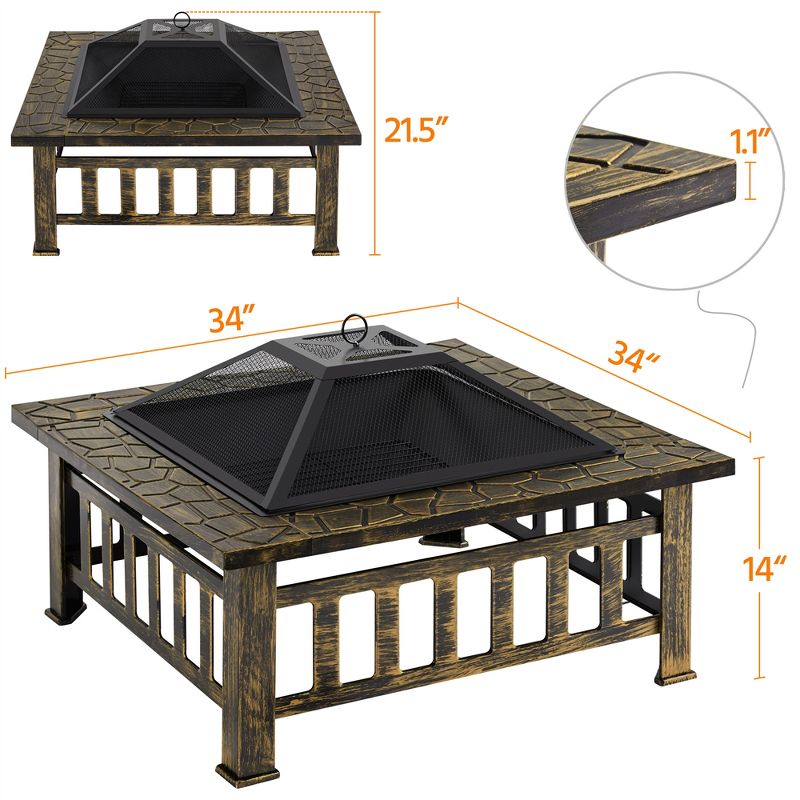 Yaheetech 34in Fire Pit Table Outdoor Patio Fire Pits Square Steel Stove with Mesh Screen and Cover, 3 of 8