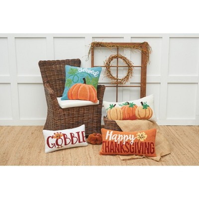 Happy Thanksgiving Orange Rectangular Hooked Throw Pillow