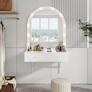 Gulches Floating Makeup Vanity Desk with Mirror & 3-Color Lights, Wall Dressing Table with Power Outlet, Compact vanity, Large Storage, White - 1 of 4