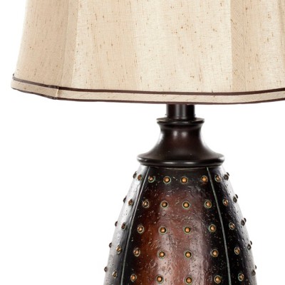 Santa Fe Rustic Brown Studded Faux Leather Table Lamp Set with Beige Shades