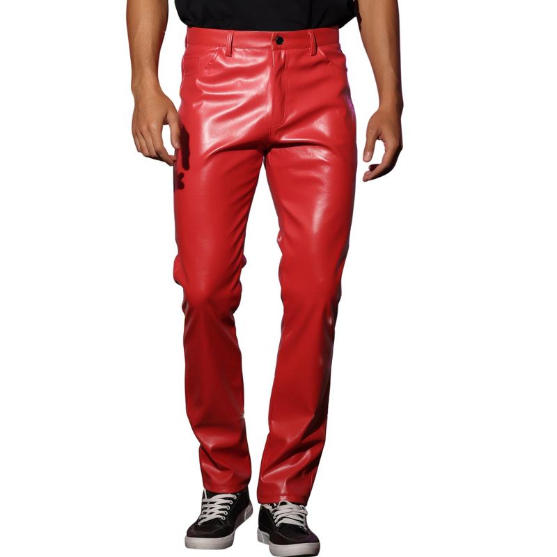 Lars Amadeus Men's Slim Fit Solid Color Nightclub Disco Faux Leather Pants, 1 of 6