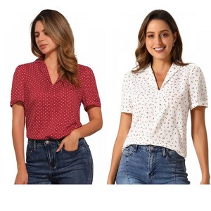 INSPIRE CHIC Women's Short Sleeve Casual V Neck Print Notch Lapel Collar Summer Blouses 2 Packs - 1 of 4