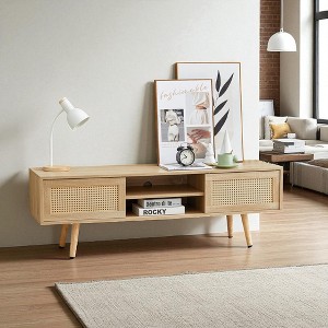 55" Rattan TV Cabinet with Double Sliding Doors, Modern Farmhouse Media Console with Adjustable Shelf and Solid Wood Legs for Living Room - 1 of 4