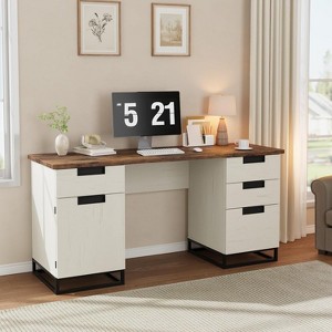 59" Farmhouse Executive Desk, Home Office Desk with File Drawer and Storage Cabinet, Wooden Computer Table with 3 Drawers for Work and Study - 1 of 4
