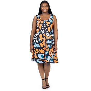 24seven Comfort Apparel Orange Butterfly Print Plus Size Sleeveless Pleated Knee Length Pocket Dress