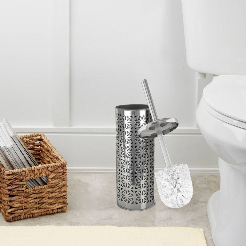 Laser Cut Chrome Toilet Brush Holder with Lid - Metallic Silver - Nu Steel, 3 of 5