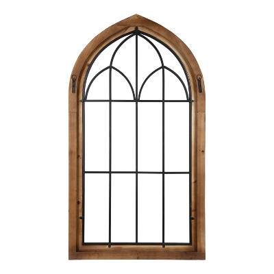 Rustic Brown Wood and Metal Arched Window Pane Wall Decor