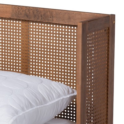 Rina Mid-Century Modern Walnut Wood Bedroom Set with Synthetic Rattan