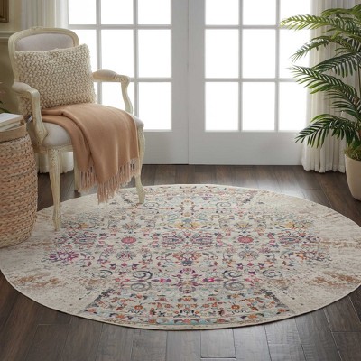 Vintage Kashan 6' Round Ivory Synthetic Easy-Care Rug