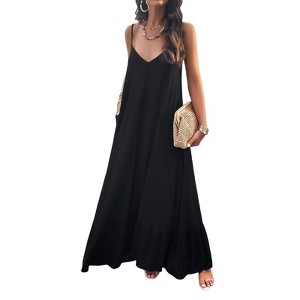 Women Summer Sundress V-Neck Sleeveless Spaghetti Strap Backless Maxi Long Beach Shirt Dress Travel Vacation Outfits - 1 of 4
