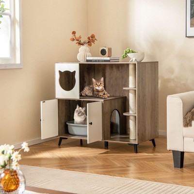 Multifunctional Gray and White Cat Litter Box Enclosure with Sisal Posts