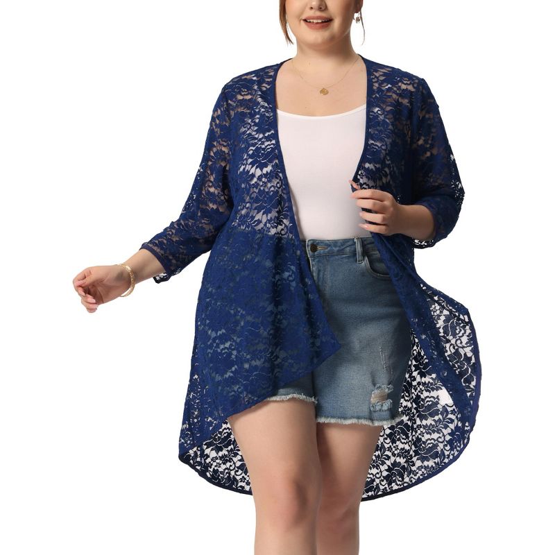 Agnes Orinda Women's Plus Size Lace Sheer High Low 3/4 Sleeve Open Front Cardigans, 1 of 6