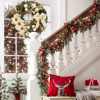 Christmas Wreath with Lights for Front Door, Lighted Xmas Door Wreath with Ball Ornaments & Pincone for Christmas Door Fireplace Decor