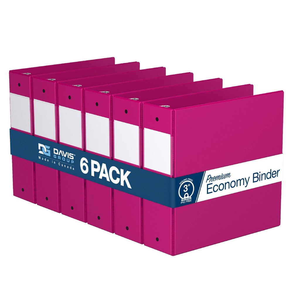 Premium Economy 3" Round Ring Binder 6pk Pink: Davis Group, Hard Cover, 600 Sheet Capacity, 2 Pockets, Polypropylene