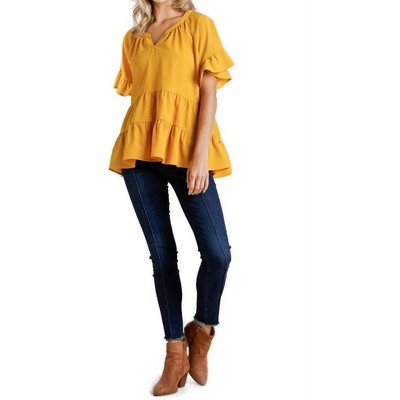 Women's Mandarin Tiered Ruffle Top - umgee