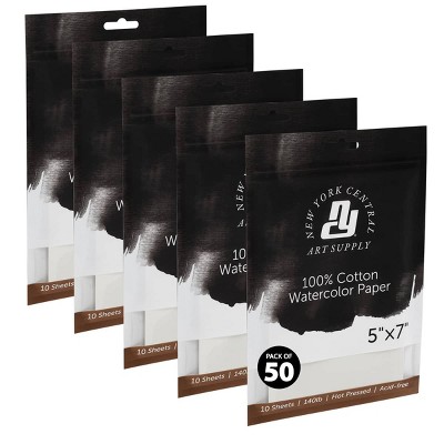New York Central Watercolor Paper Sheets, 5x7 Inch, 140lb Hot Press, Pack of 50 - Professional Grade, Acid-Free, Archival - For Wet and Dry Media