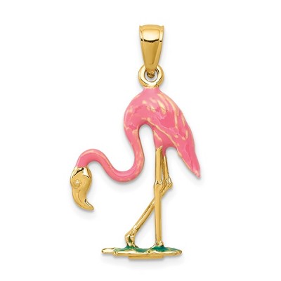 Black Bow Jewelry 14k Yellow Gold and Enamel 3D Pink Flamingo Pendant