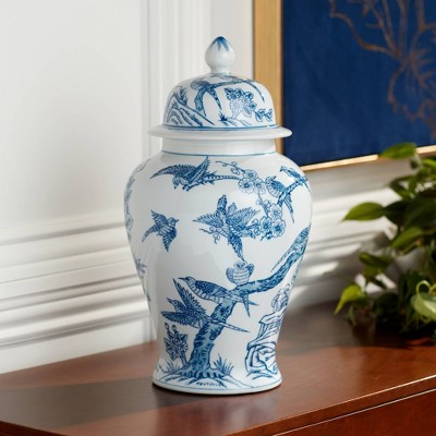 Heather 16" High Blue and White Hand-Painted Ceramic Ginger Jar with Lid