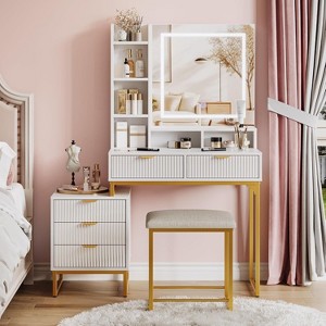 Vanity Table with Mirror and 3 Color Modes Adjustable Brightness LED Lights, Fluted Vanity Desk Dressing Table Set with Stool & 5 Drawers & 3 Shelves - 1 of 4