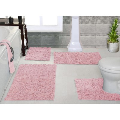 Set Of 4 Bell Flower Collection Pink Cotton Floral Pattern Tufted Bath ...
