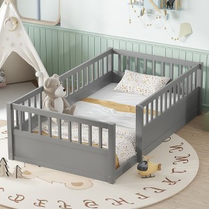 NicBex Twin/Full Kids Floor Toddler Bed Frame with Fence,Modern Toddler Platform Bed for Bedroom,Playroom,Kids Room - 1 of 4