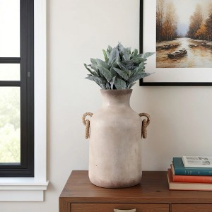 Pottery Vase with Woven Jute Handles - Rustic Decorative Floor Vase for Home, Office, Bedroom, Living Room - Handmade Casual Home Accent - 1 of 4