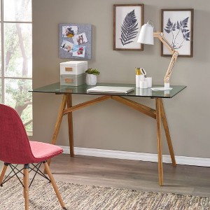 Okak 51.2IN Modern Standing Desk with Glass Tabletop, Home Office Desks with Minimalism Design, Desk for Bedroom, Study, Reading Room, Natural - 1 of 4