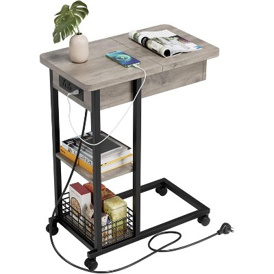 C Shaped End Table, Industrial Rolling Bedside Table with Filp Top, Power Outlets, Lockable Wheels, 3 Tier Couch Table Side Table with Storage