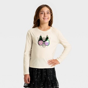 Girls' Long Sleeve 'Christmas Cat' Flip Sequin T-Shirt - Cat & Jack™ Cream - 1 of 4