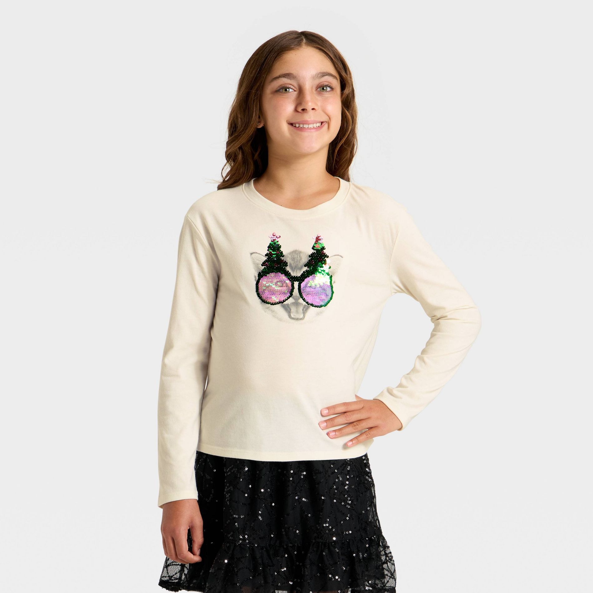 Girls' Long Sleeve 'Christmas Cat' Flip Sequin T-Shirt - Cat & Jack™ Cream