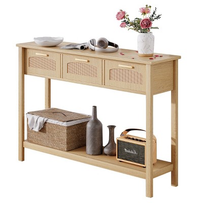 ChicFurnit Decorative Storage Cabinet Rattan Console Table with 3 Drawers for Entryway or Living Room, Wood, 46.1"*11.8"*32.1"