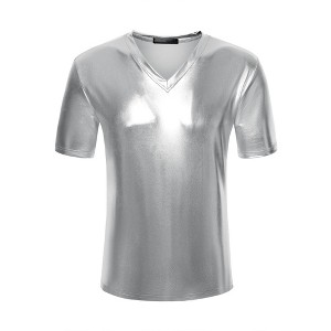 Lars Amadeus Men's Metallic Shiny Nightclub V-Neck Short Sleeve Disco T-Shirt - 1 of 4