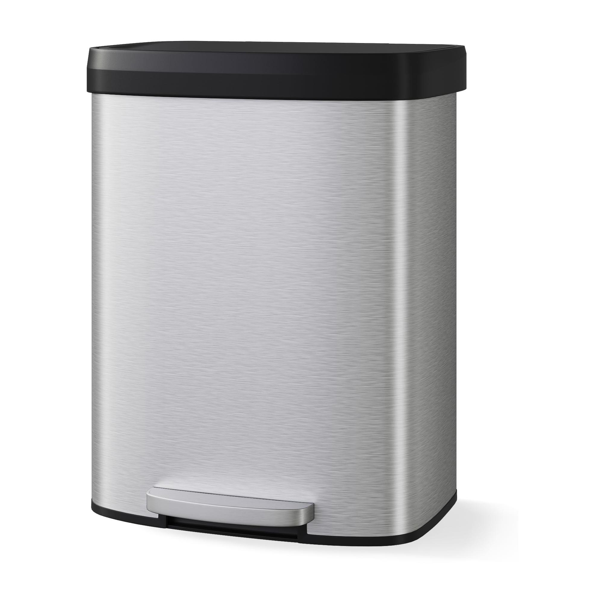 15.8 Gallon Stainless Steel Trash Can with Lid, Large Garbage Can for Kitchen, Step-on Kitchen Metal Trash Bin with Liner Rim, Silver