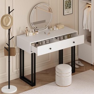 Vanity Makeup Desk with Round Mirror, 40" Small Modern White Vanity Desk ,Dressing Table with 2 Drawers, Girls Compact Vanity Desk for Bedroom - 1 of 4