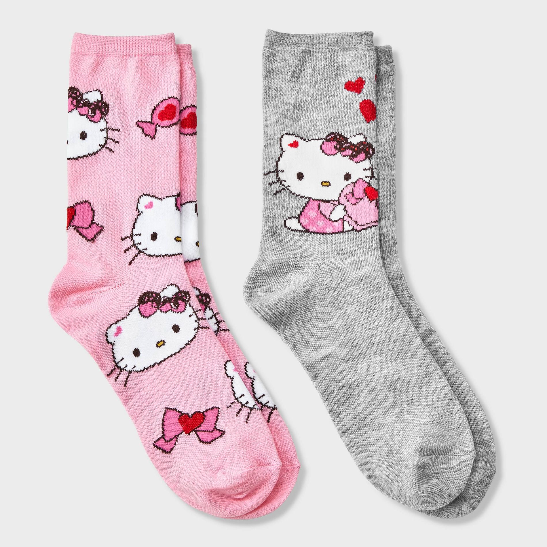 Women's Hello Kitty Valentine's Day Giftable 2pk Crew Socks - Pink/Gray 4-10