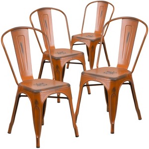 Emma and Oliver Commercial Grade 4 Pack Distressed Metal Indoor-Outdoor Stackable Chair - 1 of 4
