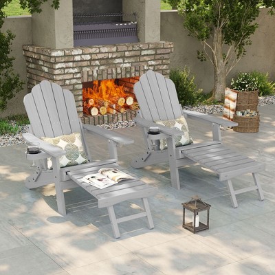Sonkuki 2-Piece Folding Adirondack Chair with Retractable Ottoman, Fire Pit Patio Chair with Cup Holder Lawn Outdoor Lounge Chair