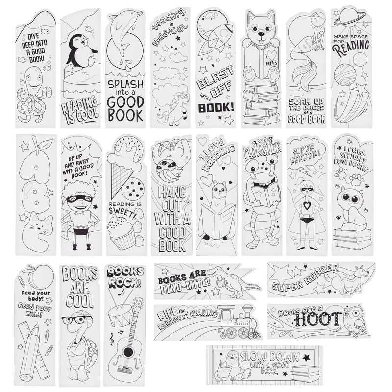 Juvale 24 Pack Color Your Own Bookmarks for Kids, Students, DIY Classroom Art, 24 Cute Book Worm Designs, 2 x 6 In, 1 of 8
