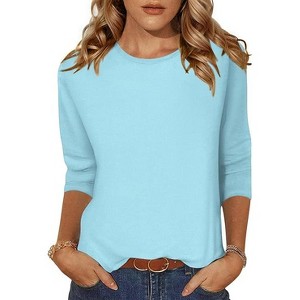 Zeagoo Women's Loose Fit 3/4 Sleeve Solid Round Neck T-Shirt Summer Business Casual Tops for Women Tunic Fall Blue - 1 of 3