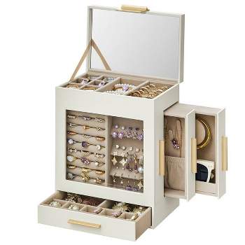SONGMICS 5-Tier Jewelry Box with Glass Window Jewelry Storage Organizer with 3 Side Drawers & Big Mirror